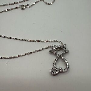 Adorable Silver Cat Pendant Necklace with sparkle marked 925 Kitty cat with tail